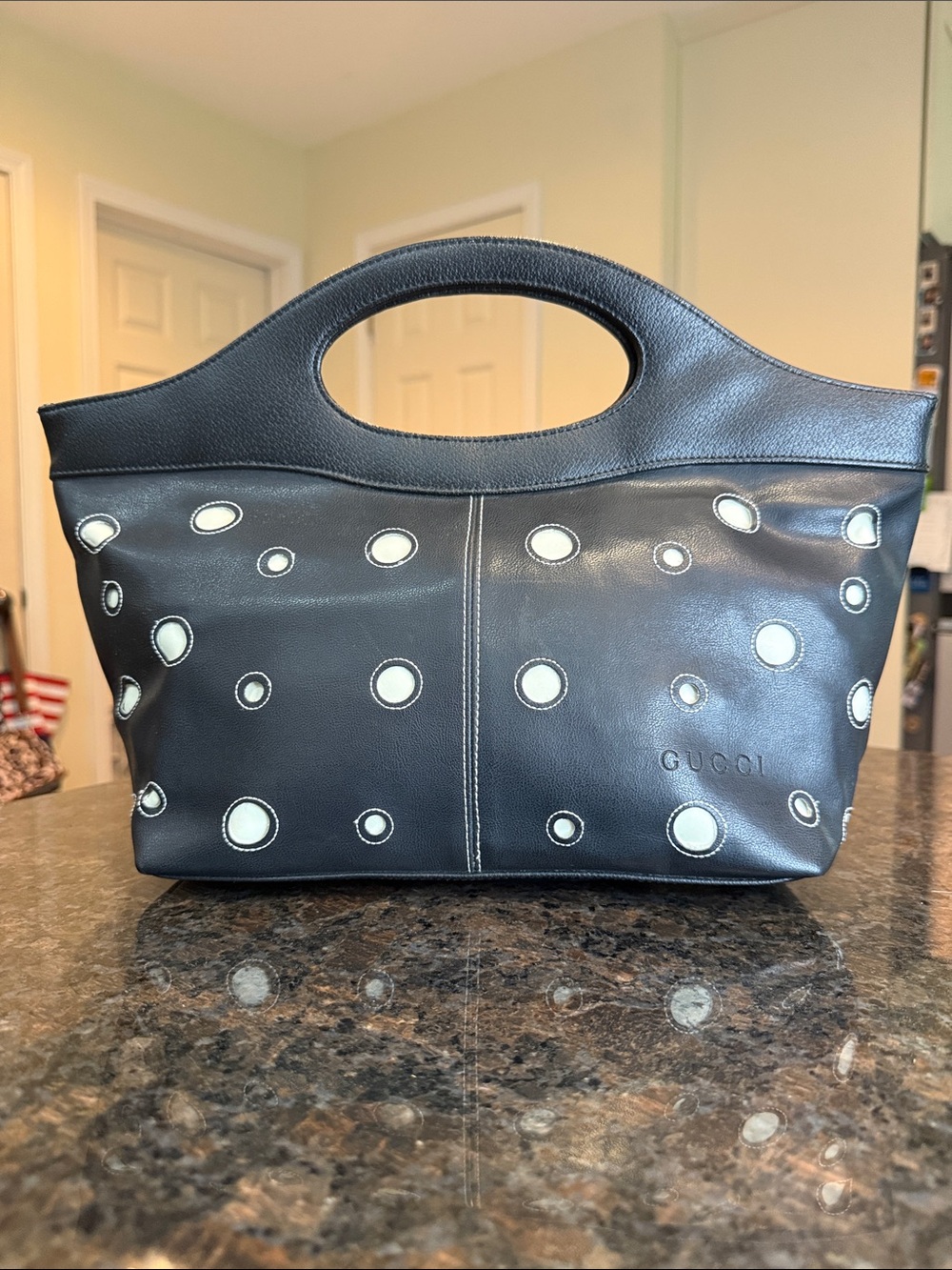 Source Unknown GG Black Leather Tote with Cream Circle Appliqués